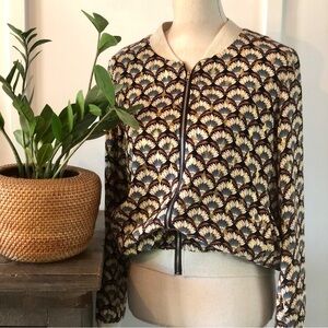 French Floral Zip-up Bomber Jacket navy blue and cream with metallic gold size S